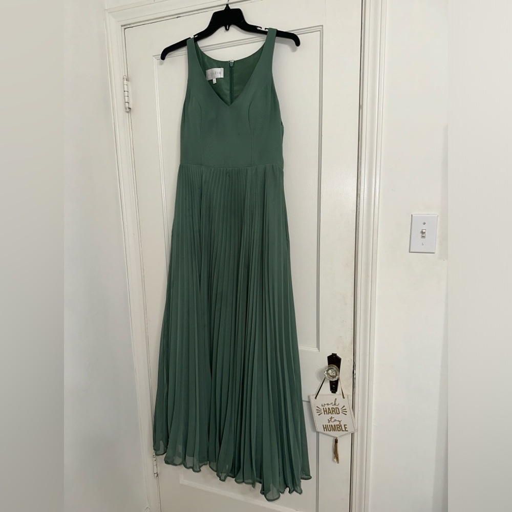Green Pleated Azazie Lindsey Bridesmaids Dress with Pockets & Slit